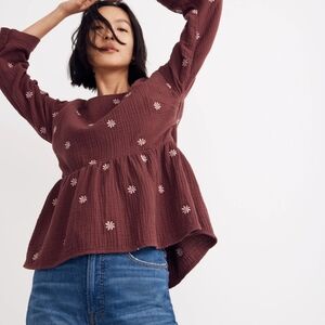 Madewell Burgandy Floral Embroidered Blouse